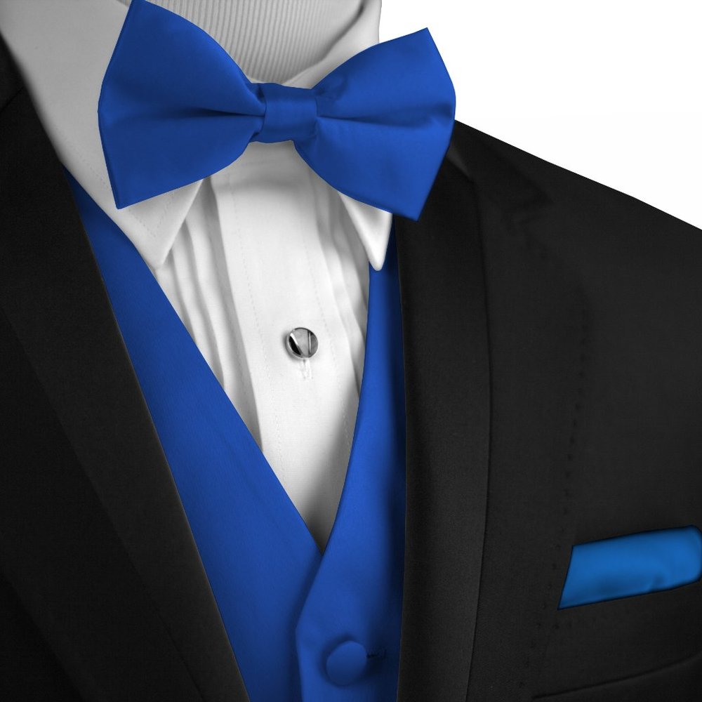 Men's Formal Wedding Prom Tuxedo Vest Bow-Tie Hankie - Royal Blue Satin